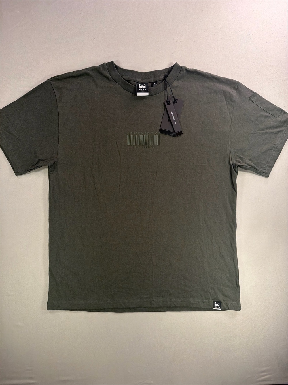 Men's Olive Short Sleeve Crewneck Tee with Subtle Barcode Graphic